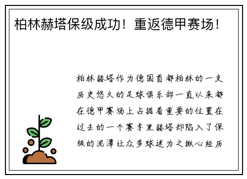 柏林赫塔保级成功！重返德甲赛场！